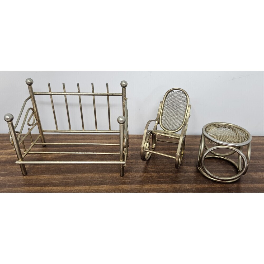 Vtg Dollhouse Miniature Faux Brass Day Bed Rocking Chair End Table Gold